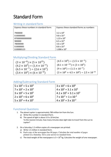 multiplying standard form worksheet tes Standard Form Worksheet  Teaching Resources