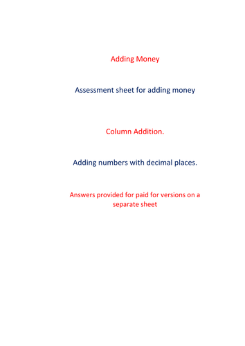 Adding Money Assessment or practice sheet