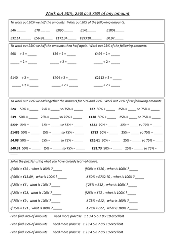 Find 25% 50% and 75% worksheet