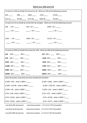 Find 10% and 1% worksheet for practise