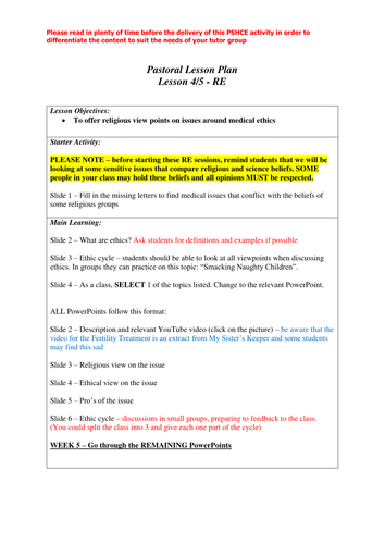 RE - Medical ethics and religion (a PSHCE lesson)