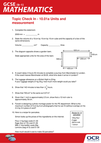 OCR Maths: Initial learning for GCSE - Check In Test 10.01a Units and measurement