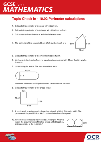 OCR Maths: Initial learning for GCSE - Check In Test 10.02 Perimeter calculations