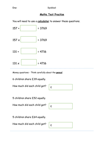 Maths calculator tests - based on Progress in Maths 10 style questions