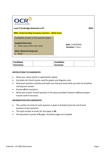 Cambridge Nationals - R001 - Mock Exam - Unit 01 - Fun Gym Scenario - June 2016