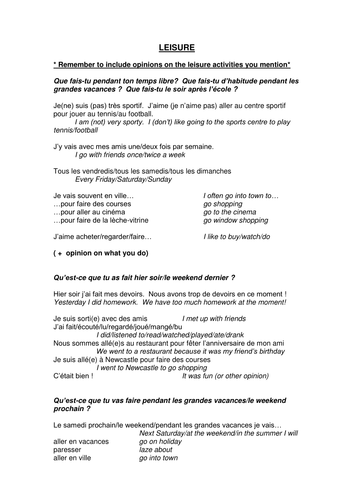 Leisure - Worksheets