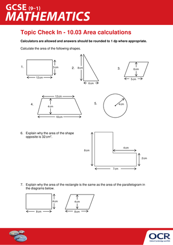 OCR Maths: Initial learning for GCSE - Check In Test 10.03 Area calculations