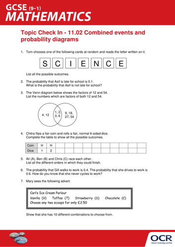 OCR Maths: Initial learning for GCSE - Check In Test 11.02 Combined events and probability diagrams