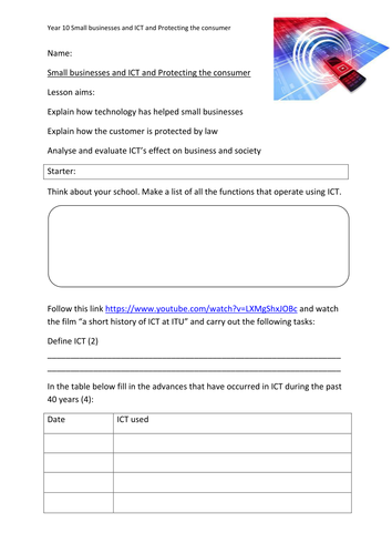 Small businesses and ICT and Protecting the consumer Year 10