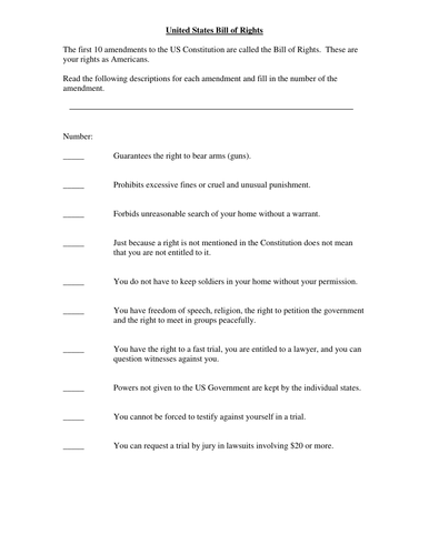 Worksheets Interpreting The Bill Of Rights Worksheet bill of rights matching exercise by mhavran teaching resources tes
