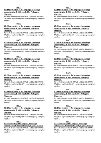 Pythagoras Theorem Maths Mastery Activity TRUE FALSE Statements Questions Consolidation Magenta