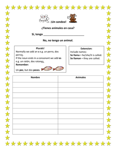 Spanish Teaching Resources. Animals/ Pets Survey Speaking Activity.