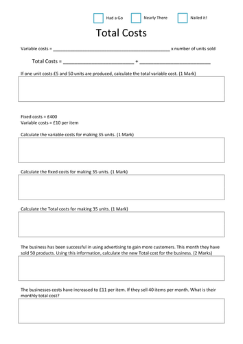 Calculating Total Costs -  BTEC First Business