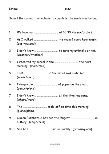 Homophones worksheets