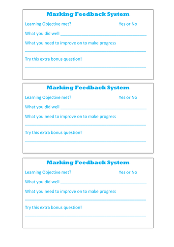 Marking feedback sheet for pupils books