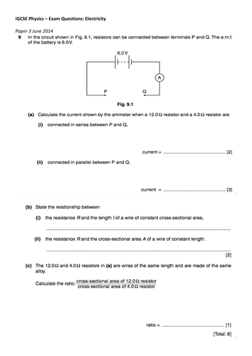 Cambridge iGCSE Physics: ELECTRICITY Extension Exam Questions +MS