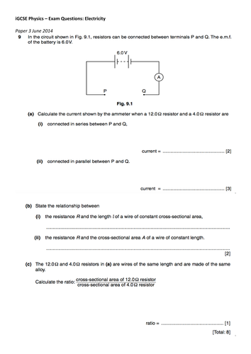 cambridge igcse physics electricity extension exam questions ms