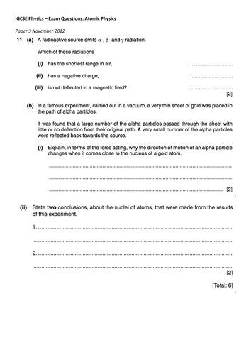 Cambridge iGCSE Physics: ATOMIC PHYSICS Extension Exam Questions +MS.