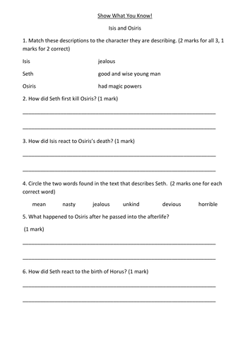 Comprehension questions based on the story of Isis and Osiris 