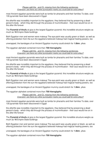 Missing punctuation activity, based around Ancient Egypt 