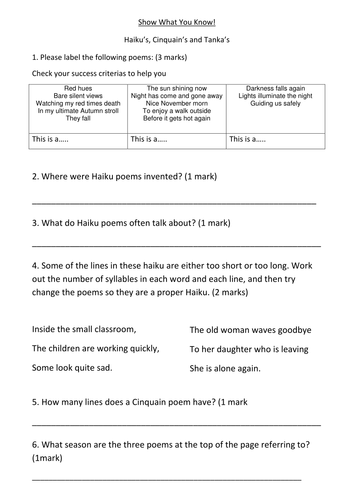 Haiku, Tanka and Cinquain comprehension activity 