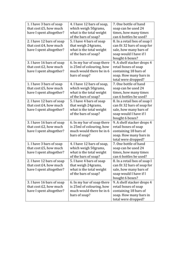 4 way differentiated 'soap making' themed multiplication worded problems 