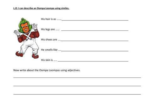 Simile worksheet for an Oompa Loompa | Teaching Resources