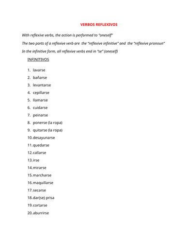 Reflexive verbs vocab list and organizer (Spanish)