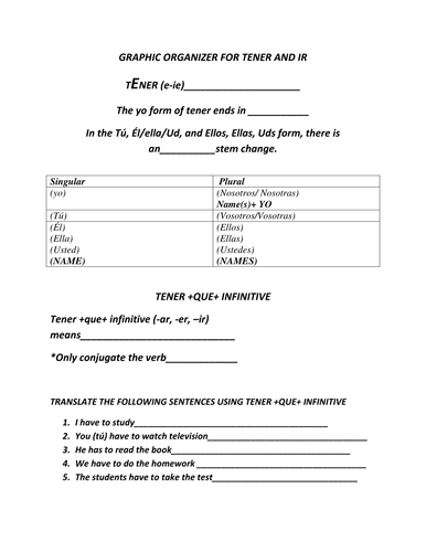 tener+ que /  ir+  a infinitive graphic organizer