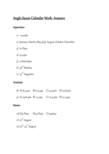 Anglo-Saxon calendar word problems-Differentiated