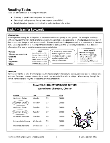 Level 1 Reading Tasks