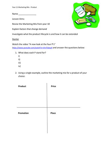 Marketing mix and Product (4 P's, Product lifecycle and extension strategies) Year 11 (+12)