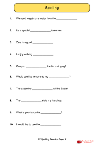 Y2 SATs Spelling Practice Paper 2