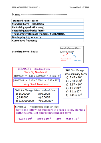 Worksheet on key maths areas.  