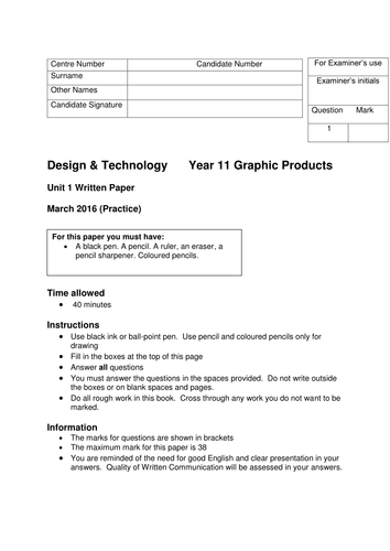 AQA Graphic Products section A practice 2016 examination (1 of 3)