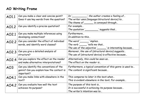 Assessment Objective writing frame- Reading responses
