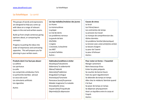 La santé-AS/A level/IB French graphical introduction to topic, related vocab/grammar exs