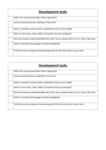 Writing Mark Sheet