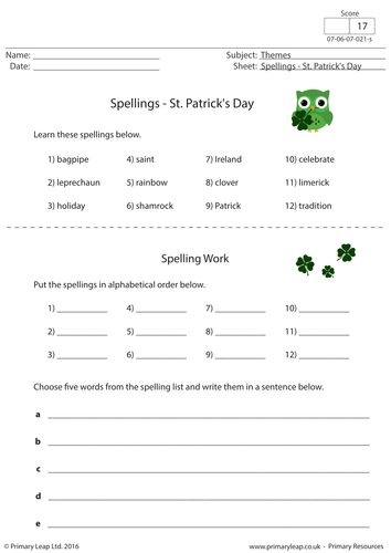 Spellings - St. Patrick's Day