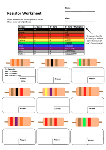 Resistor Colour Code Worksheet Teaching Resources