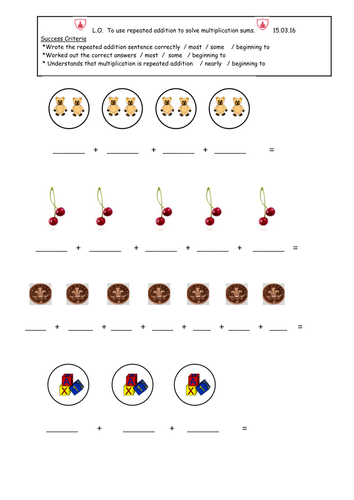 Repeated addition worksheets for Year 1 - LA, MA & HA