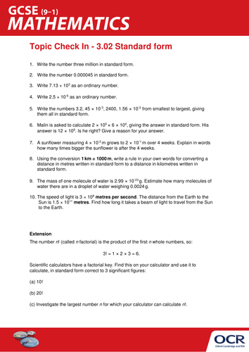 OCR Maths: Initial learning for GCSE - Check In Test 3.02 Standard form