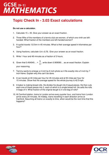 OCR Maths: Initial learning for GCSE - Check In Test 3.03 Exact calculations