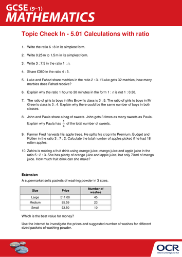 OCR Maths: Initial learning for GCSE - Check In Test 5.01 Calculations with ratio