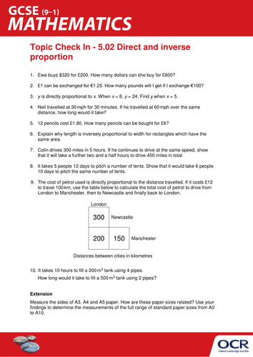 OCR Maths: Initial learning for GCSE - Check In Test 5.02 Direct and inverse proportion