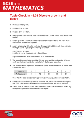 OCR Maths: Initial learning for GCSE - Check In Test 5.03 Discrete growth and decay