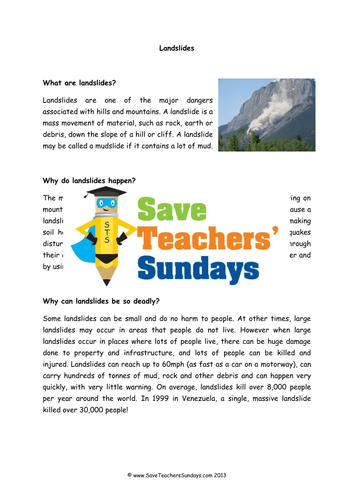 Landslides Lesson Plan, Text and Worksheet