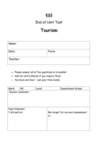 KS3 Tourism Assessment 