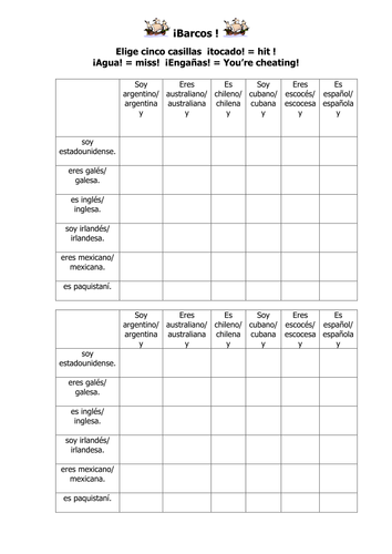 Spanish Teaching Resources. Nationalities - Masculine or Feminine & Battleships Game.