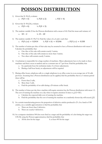 Poisson Distribution Worksheet & Answers